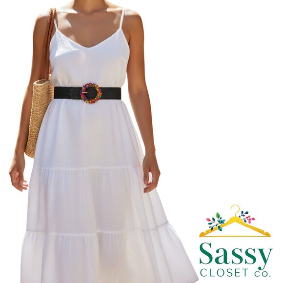 Black Woven Straw Belt Multicolor Circular Buckle Adjustable Boho Chic NWOT - Picture 1 of 2